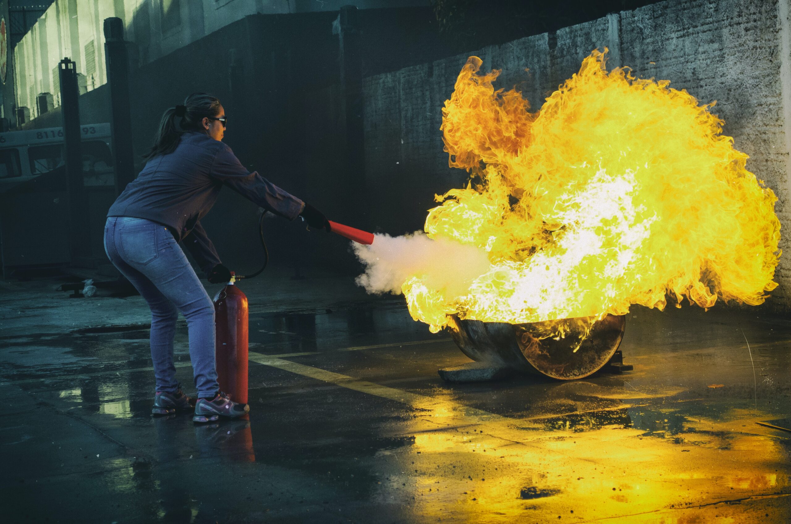 woman putting out fire with an extinguisher